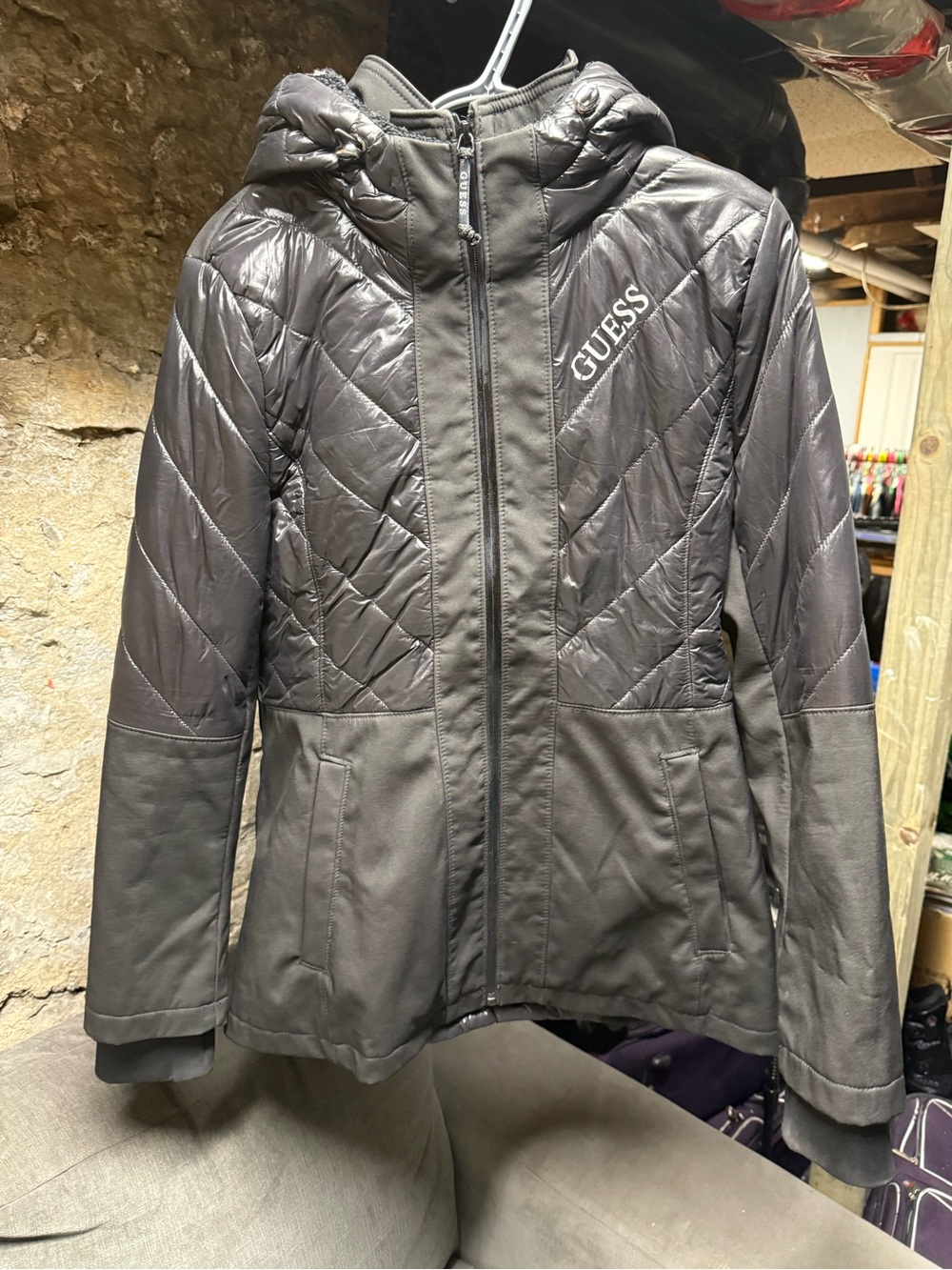 Guess women's hybrid quilted hooded jacket Sz S